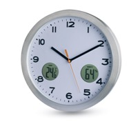 Analogue wall clock in aluminium casing. Includes a digital ther