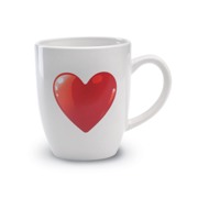 Ceramic mug with heart decoration on both side. 300ml capacity.