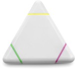 Triangular shaped plastic highlighter contains yellow, pink and