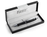 Charles Dickens metal ballpen with silver trim, push button mech