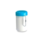 White plastic container with coloured lid and key chain, holds a
