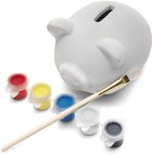 Piggy bank made of plaster, includes one wooden brush and five p