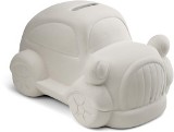 Plaster car piggy bank, supplied with a wooden brush and five pa