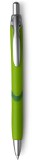 Plastic push button ballpen with silver trim parts, coloured bar