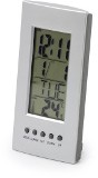 Plastic desk clock with LCD display thermometer, calendar and al