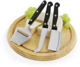 Round rubber wood cheeseboard with three knives. - Available in: