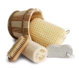 Bathroom set consisting of a sponge, sisal, nail brush and a pum