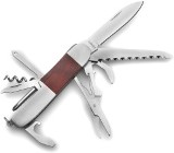 Small ten function stainless steel pocket knife with mahogany in