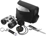 Outdoor survival set consisting of binoculars, a compass, poncho