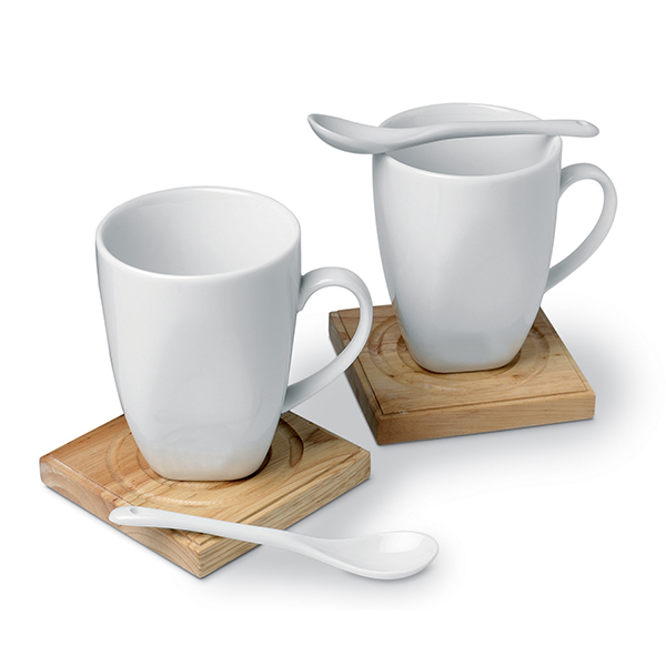 2 Ceramic mugs and spoon giftset with wooden coasters in a black
