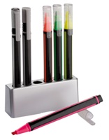 Handy desk set with a ball pen, pencil and 4 highlighters on a p