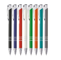 Slim metal ballpen with rubber-feel finish and silver ring detai