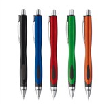 Plastic ball pen with plastic grip zones.