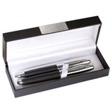 Metal roller ball and ball pen set in a gift box with a plaque.