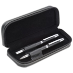 Elegant ball pen and roller ball set in a black leatherette zipp