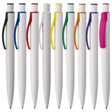 Classic yet Modern! White plastic ball pen with colour accents