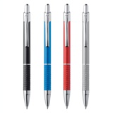 Metal ball pen with textured pattern grip zone.