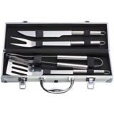 Metal Braai case with tongs, spatula, braai fork and a knife.