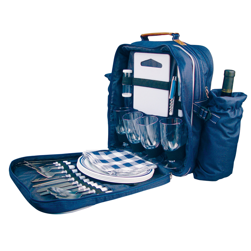 Polyester picnic backpack for 4 with a cooler compartment, plast
