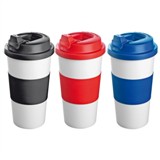 500ml plastic thermal mug with anti-burn silicone grip.