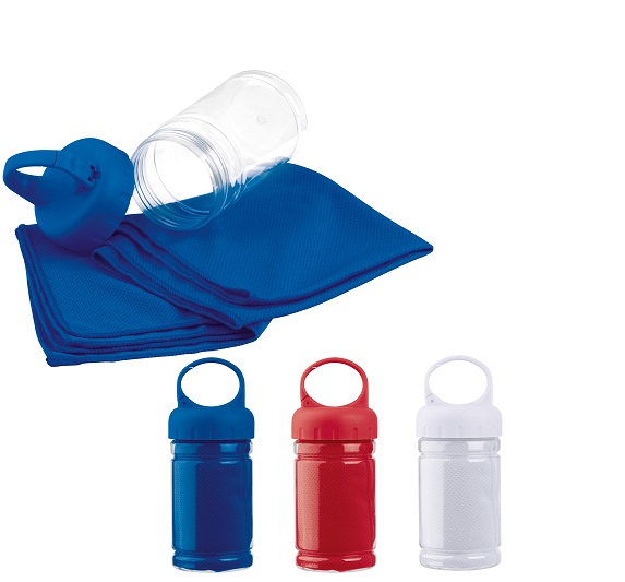 Cooling gym towel packed in a carabineer plastic bottle