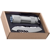 Gift set with a 9 LED aluminium torch and a pocket knife packed