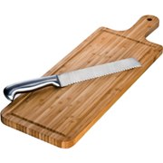 Bamboo cutting board with safe stainless steel bread knife.
