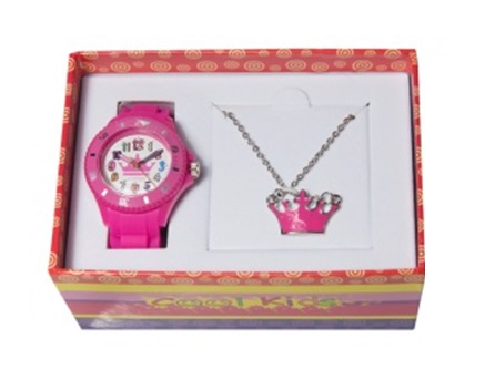 Girls  Kids Watch & Tiara Pendant Gift Set Pink