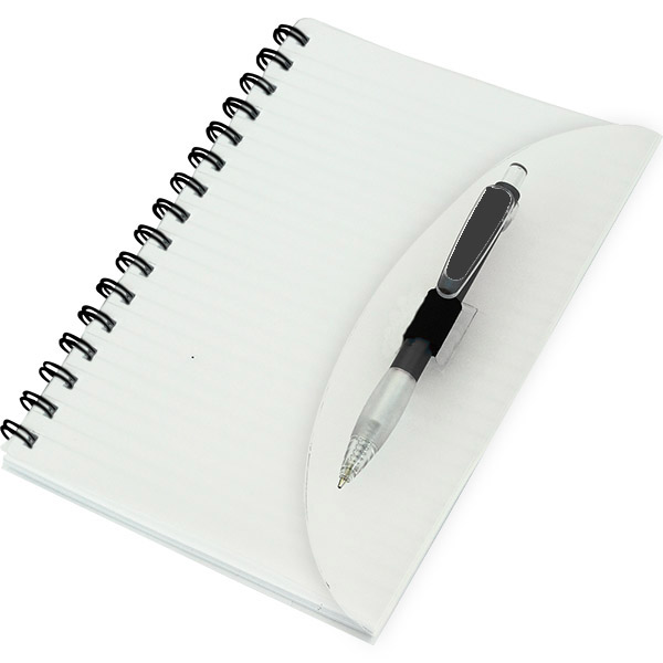 Merritt A5 spiral bound notebook with domed pen and custom brand