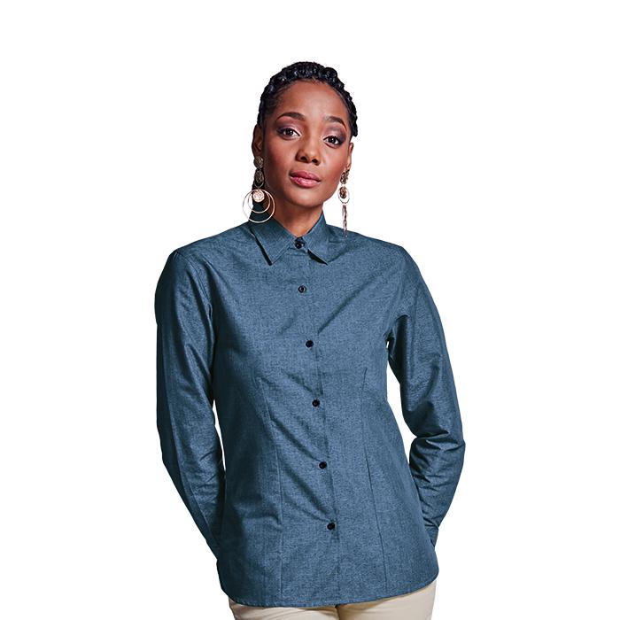 Ladies Berlin Blouse Long Sleeve. Blue Melange/Black or Silver M