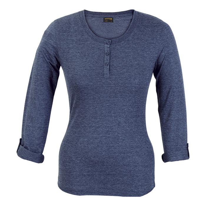 Ladies 145g Henley Long Sleeve T-Shirt. Black, Charcoal Melange,