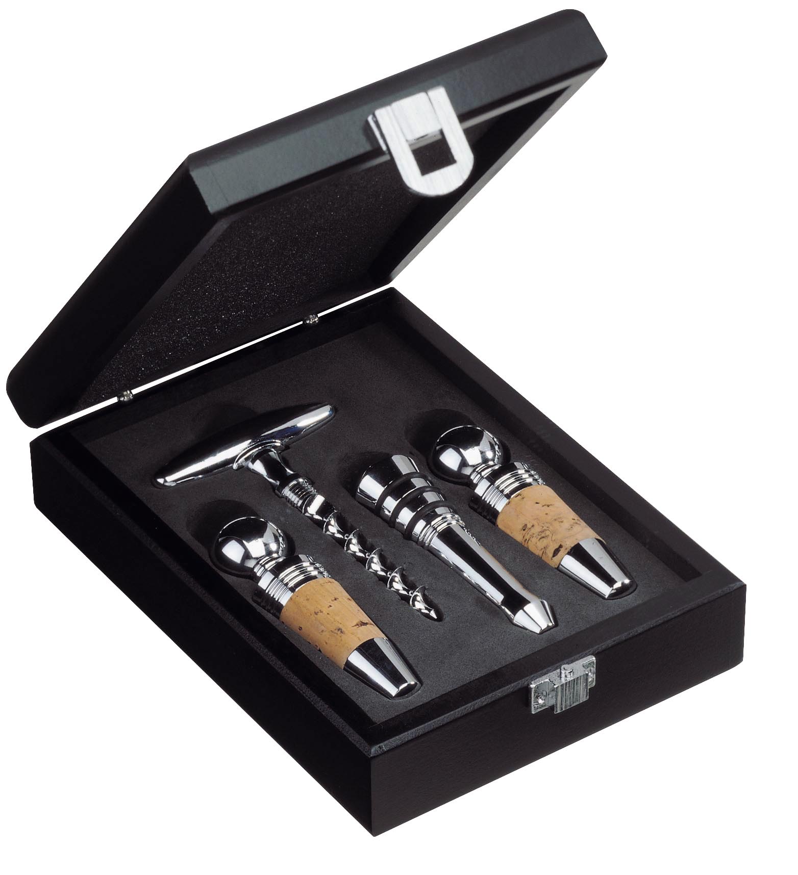 Elegant 4-piece wine set in black wooden gift box.