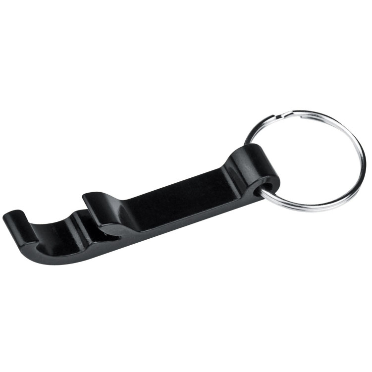 2-in-1 bottle opener and key ring with black metal bottle finish