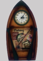 Wooden Wall Clock in Boat Shape with Fishing Theme - 42cm High Wooden Wall Clock in Boat Shape with Fishing Theme - 42cm High