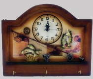 Wooden Wall Clock & Key Hooks with Fishing Theme - 30cm Wide