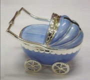 Silver Plated Pram Money Box Blue - 11cm