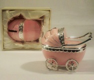 Silver Plated Pram Money Box Pink - 11cm