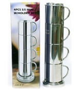 Stainless Steel Set 4 Coffee Mugs in Holder - 38cm