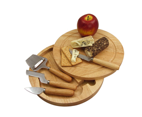 4PC CHEESE KNIFE SET IN ROUND WOODEN DRAWER