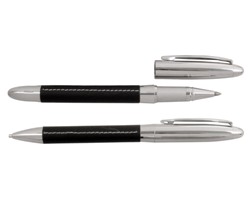 Silver Rollerball Pen With Black Lea