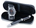 Gift set with sports watch and ball pen in case.
