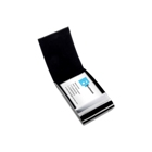 Metal business card holder covered in a stitched PU material wit