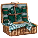 Woven picnic basket - set of 4 in green and white check trim