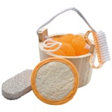 Bath gift set with re-usable wooden tub, pumice stone, nail brus