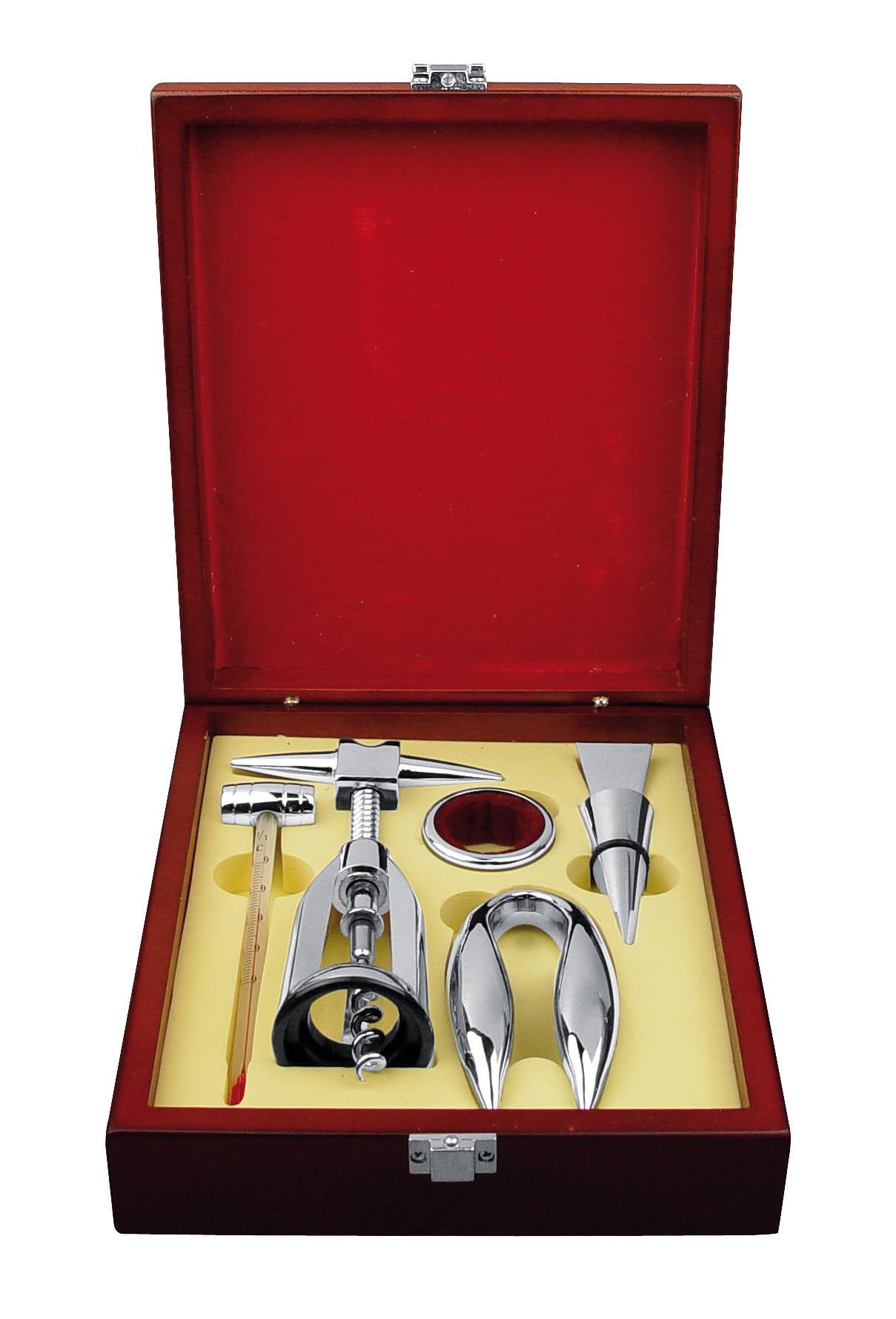 Luxurious wine set with corkscrew, foil cutter, stopper, drip st
