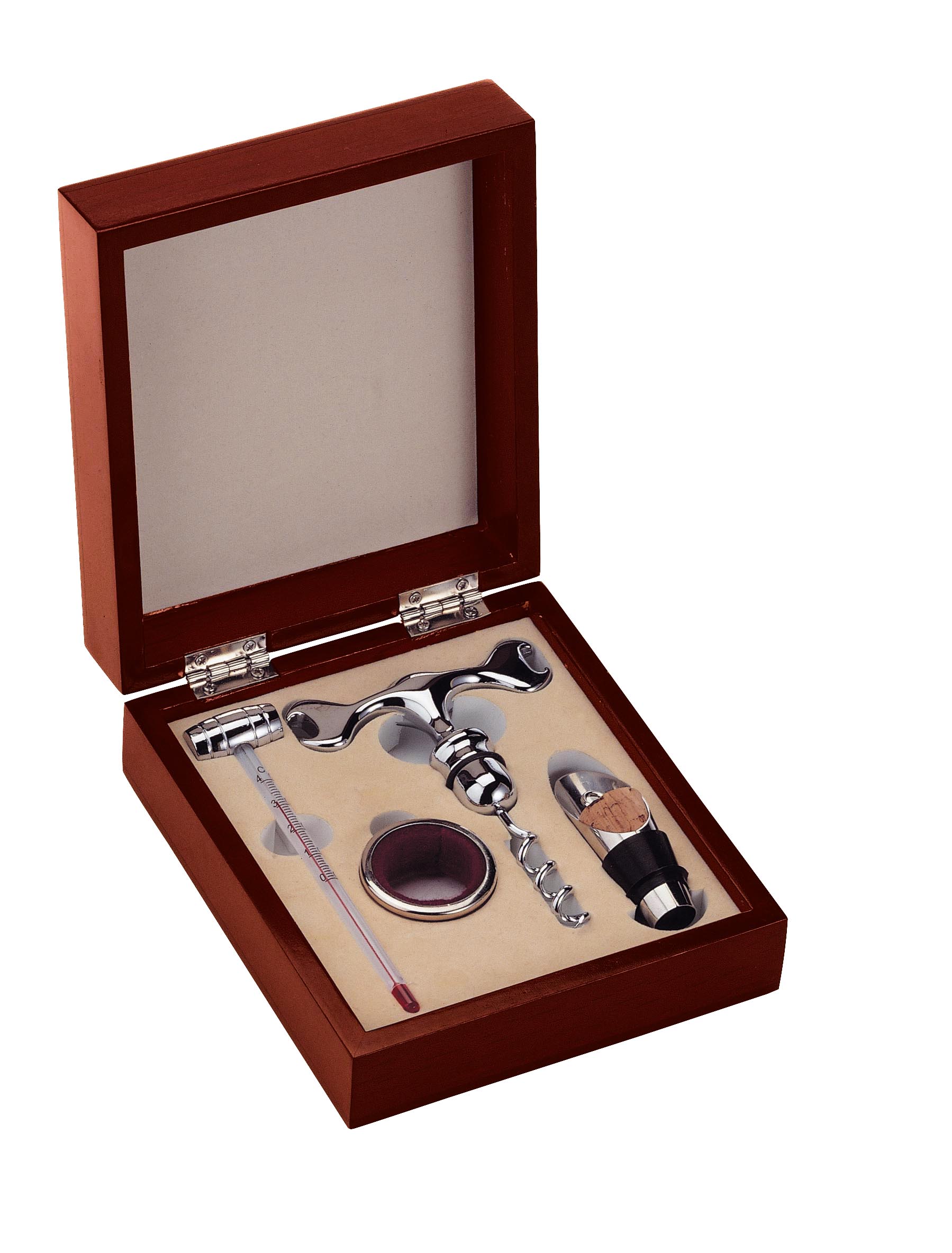 Luxurious wine set in wooden gift box.