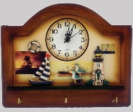 Wooden Wall Clock & Key Hooks with Sea Theme - 30cm Wide