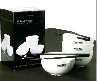 4 Pc White Rice Bowls With Chopsticks - 14cm