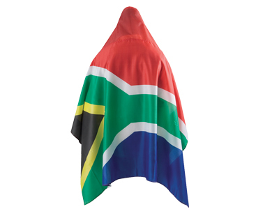 Hooded cape in the shape of the South African flag.