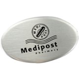 Silver metal  oval badge with magnet and branding